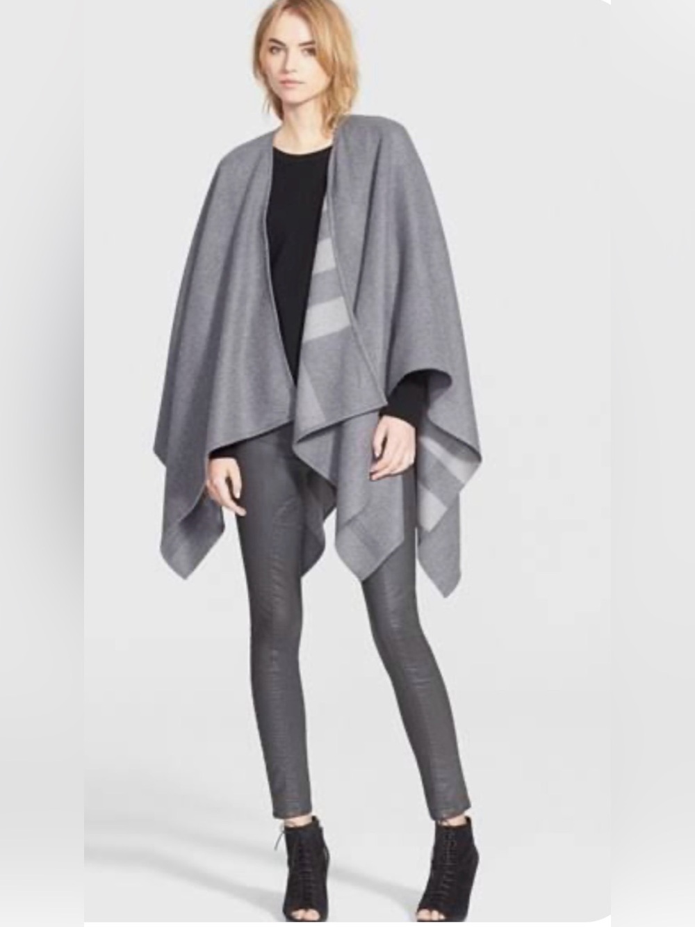 NEW BURBERRY GRAY "CHARLOTTE" REVERSIBLE CHECK PONCHO CAPE JACKET